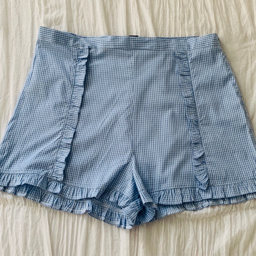 Light blue and white gingham high waisted shorts